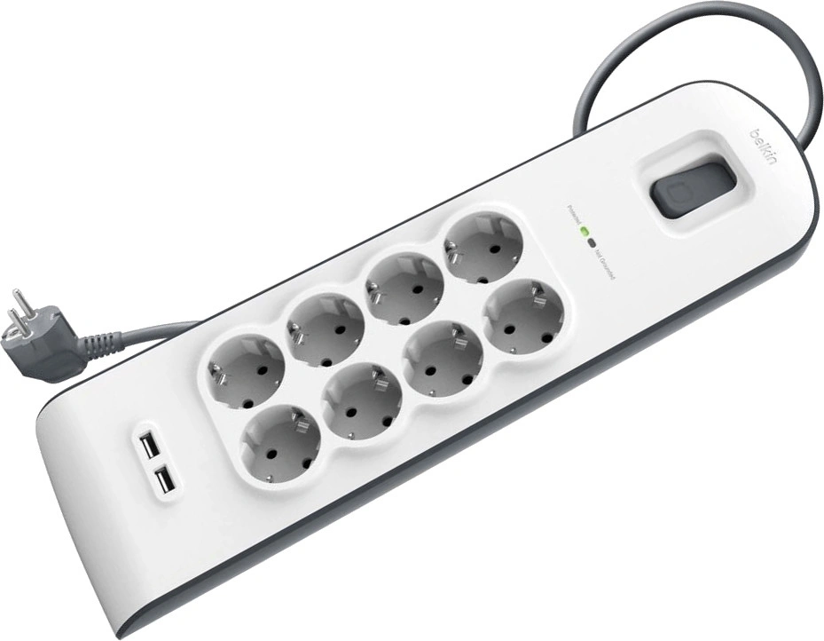 Сетевой фильтр-удлинитель Belkin 8хSchuko, 2xUSB 2.4A, 16А c защитой от перенапряжения, 2м (BSV804vf2M)